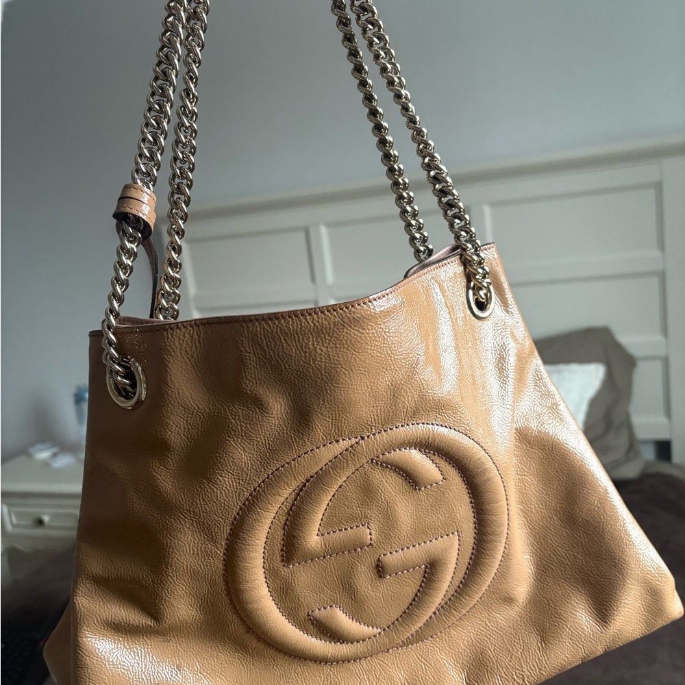 Gucci Camel Leather Shoulder Bag with Chain Straps